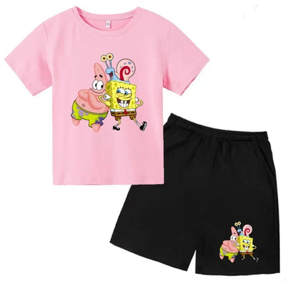 Kids Summer Anime SpongeBob SquarePants Fashion T-shirt 3-12 Years Boys Girls Toddler Short-sleeved+Shorts Casual Sportswear Set