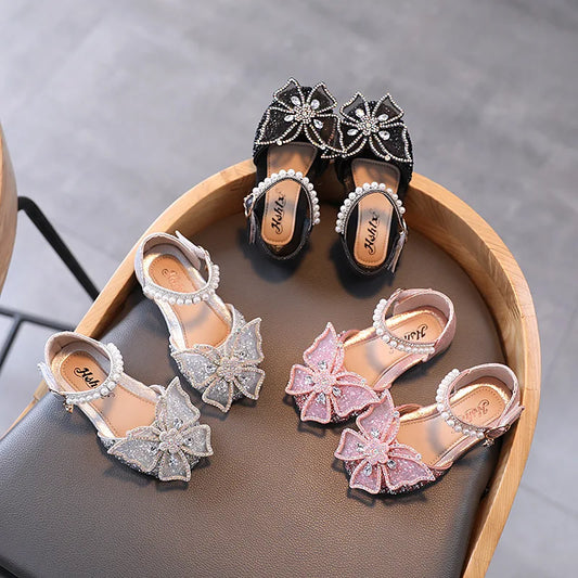 Girls Sandals Summer Fashion Sequins Rhinestone Bow Girl Princess Shoes for Baby Girl Shoe Flat Heel Sandals Size 21-35