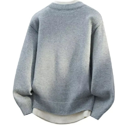 Fake Two Piece Pullover Cardigan Men Round Neck Long Sleeve Clothing Thermal Warm Comfortable Youth Casual Knit Sweater