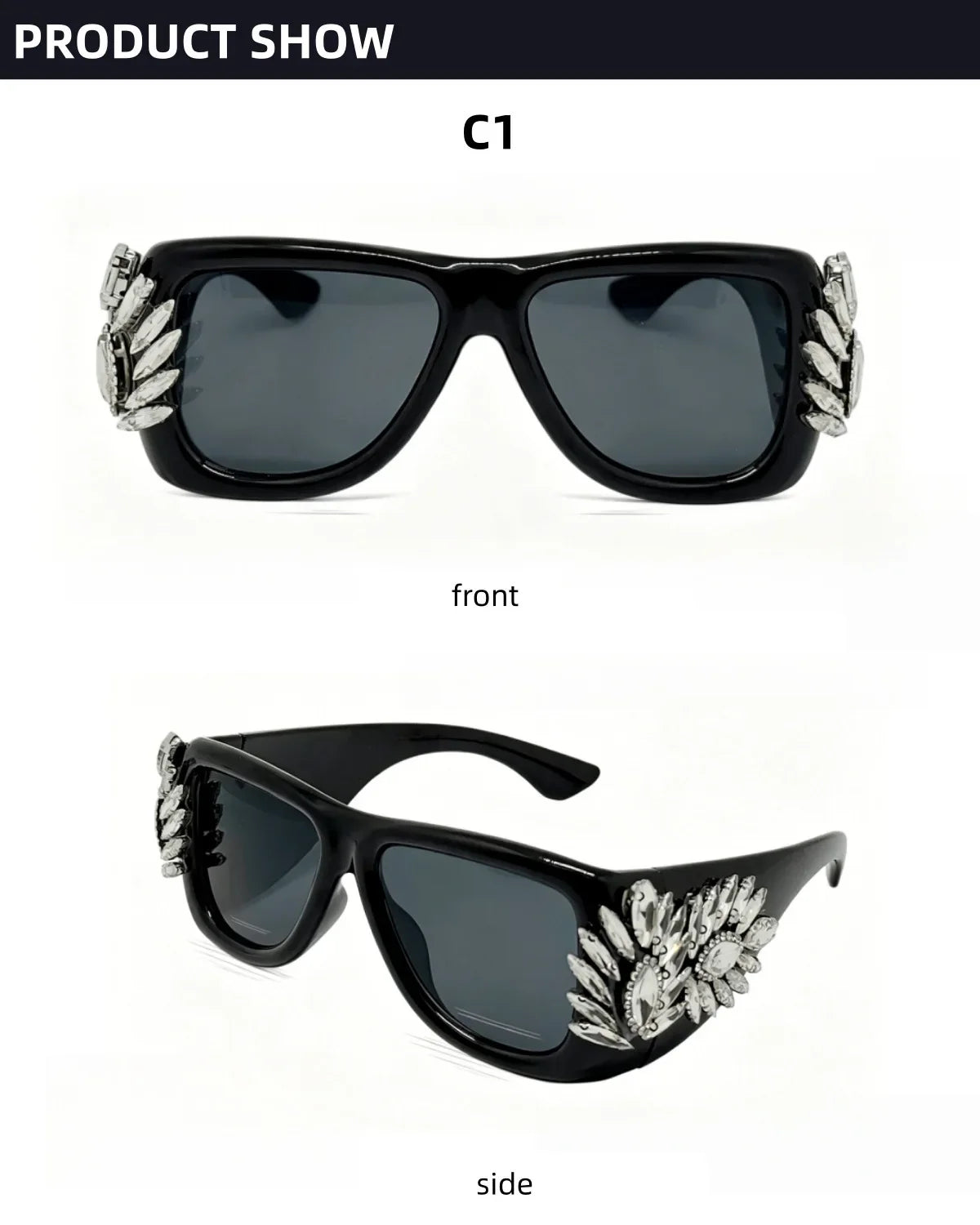 Women Oversized Square Cat Eye Sunglasses Luxury Rhinestone Floral Side Decor UV400 Thick Frame Shades for Party Nightclub