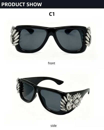Women Oversized Square Cat Eye Sunglasses Luxury Rhinestone Floral Side Decor UV400 Thick Frame Shades for Party Nightclub