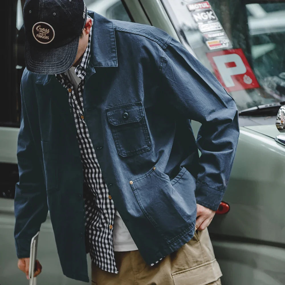 Navy  Drop Shoulder Jacket Men Turn-down Collar Hunting Tops Multi-Pocket Coat Men's Spring and Autumn Workwear Jacket