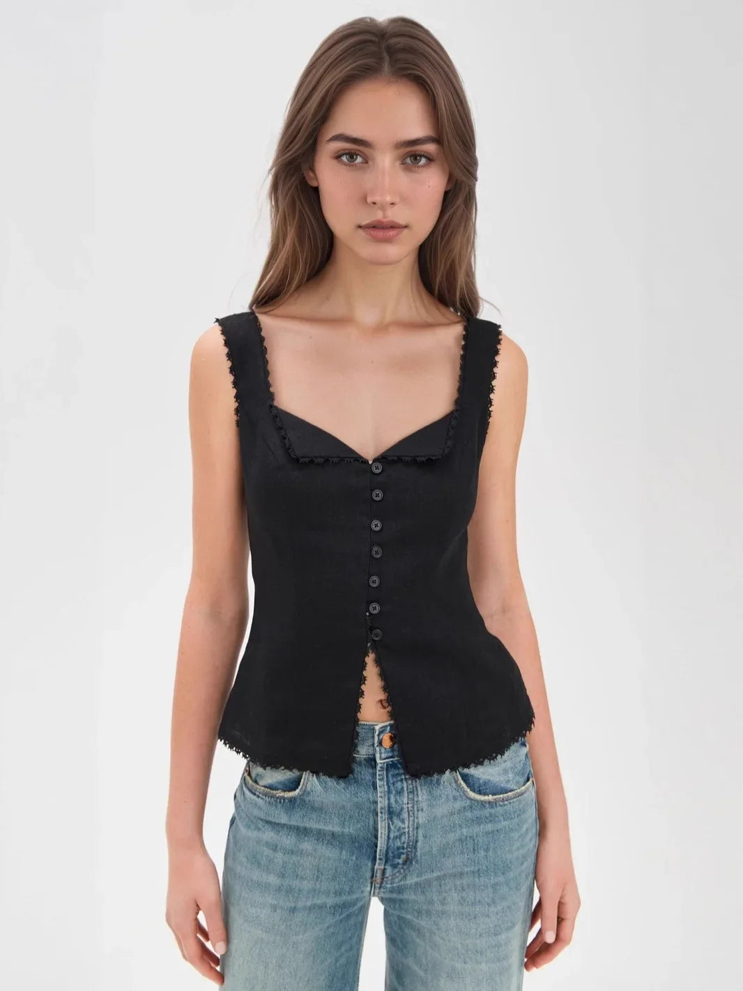 High Quality Hot Sale Wholesale Women's French Cotton Linen Lace Splicing Fashionable Buckle Suspender Solid Sleeveless Vest Top