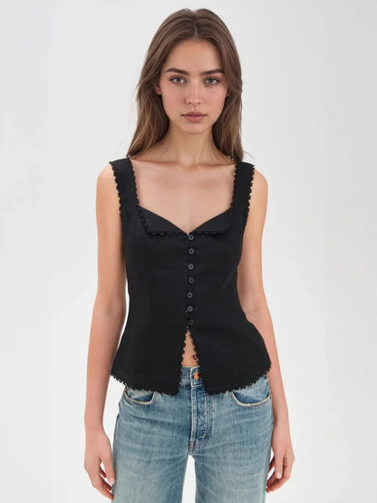 High Quality Hot Sale Wholesale Women's French Cotton Linen Lace Splicing Fashionable Buckle Suspender Solid Sleeveless Vest Top