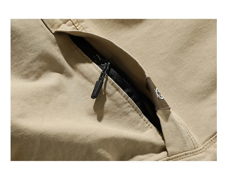Cotton Men's Cargo Pants Elastic Waist Stretch Trouser Male Multi Pocket Casual Jogger Fit Ankle Length Zipper Purple Drawstring