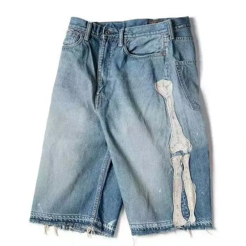 Y2k Retro Harajuku Denim Shorts Women's Washed Patchwork Tassel American Retro Jeans Men's Loose Hip-hop Bone Denim Shorts 2025