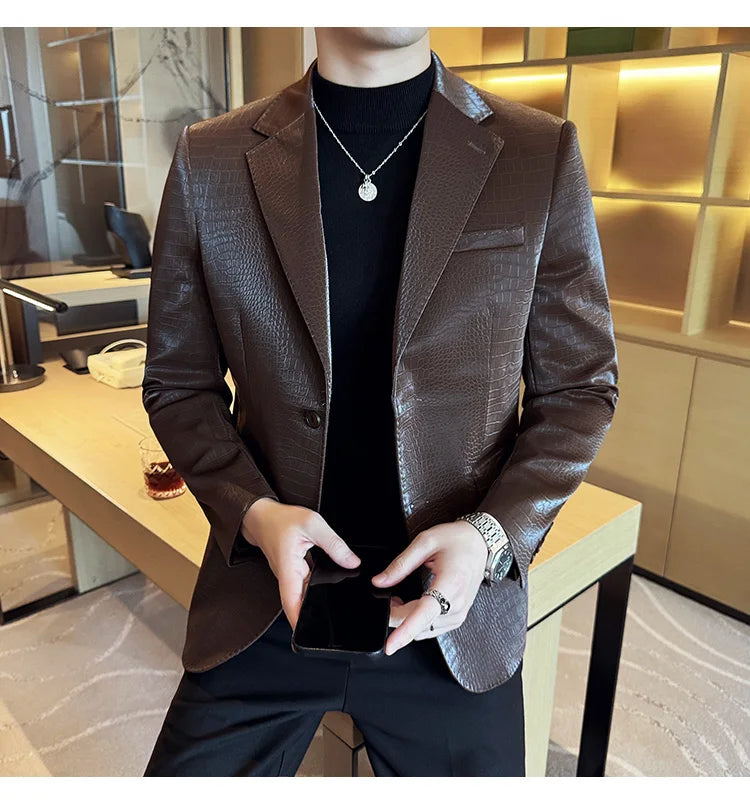 New High Quality Crocodile Stripe Slim Fit Leather Jacket Classic Business Casual Slim Fit Men Blazer Tuxedos Men Clothing 4XL-M