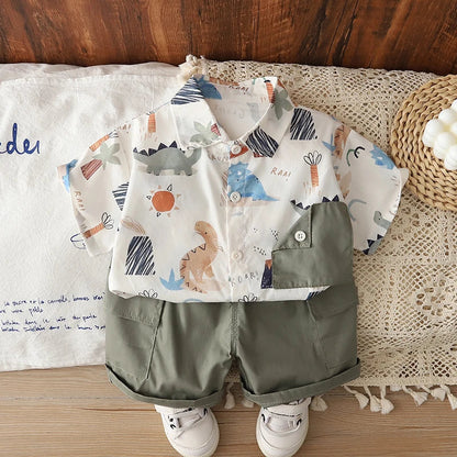 0-5 Years Old Baby Boys Summer Dinosaur Outfit, Short Sleeve Printed Shirt & Solid Cargo Shorts, 2Pcs Clothes Set