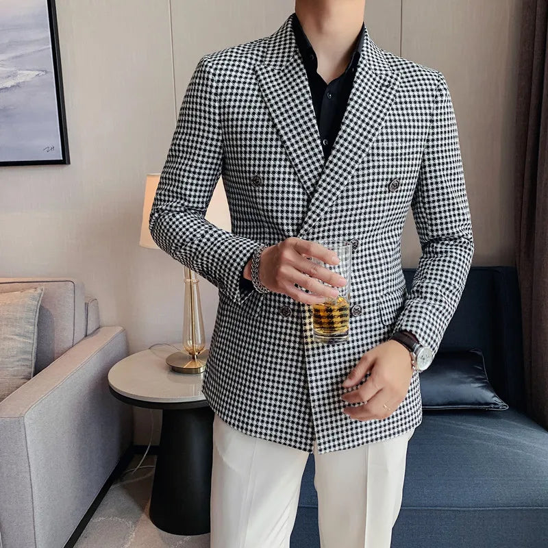 British Style Slim Fit Houndstooth Blazer For Men 2023 Fashion Double Breasted Business Office Wedding Dress Suit Jacket