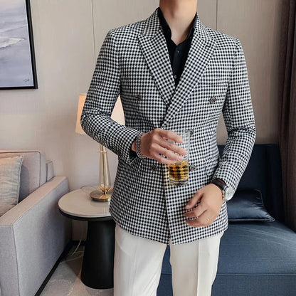 British Style Slim Fit Houndstooth Blazer For Men 2023 Fashion Double Breasted Business Office Wedding Dress Suit Jacket