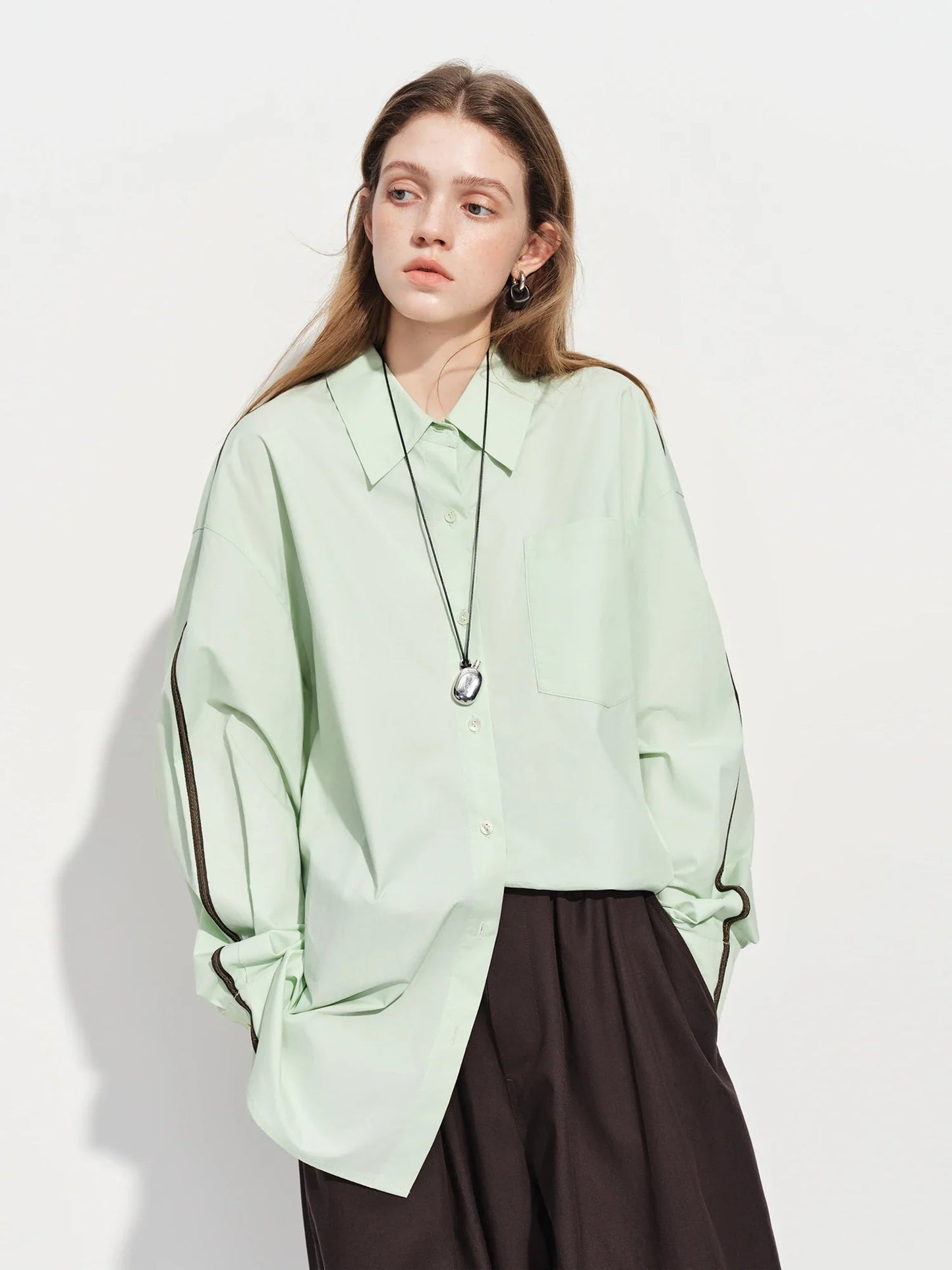 Women's French Loose Fit Cotton Shirt Long Sleeve Layering Top with Web Strap Detail Casual Oversized Blouse