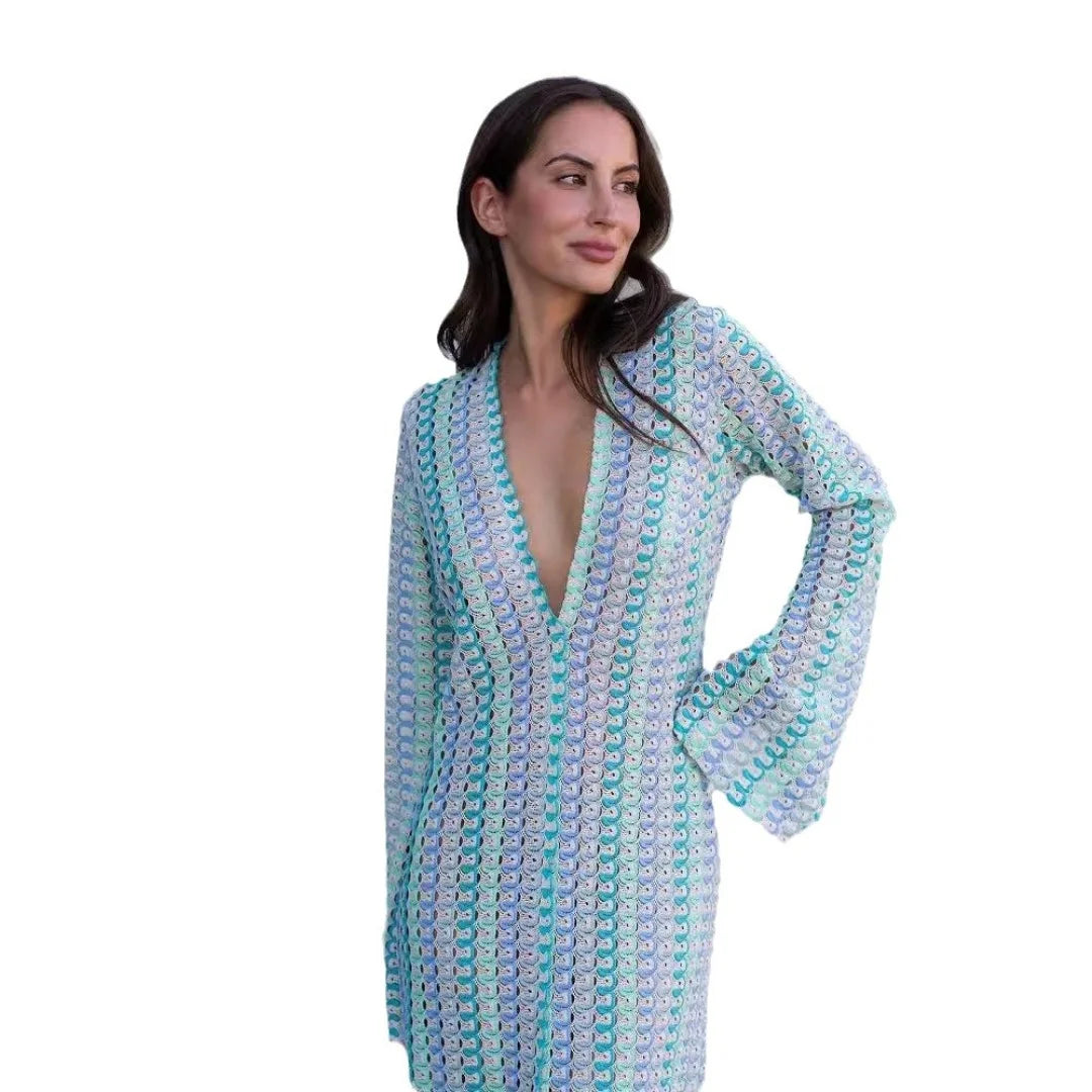 Crochet Colorful Stripe Maxi Dress Women Flare Sleeve Deep V-neck Split Sexy Long Dresses Spring Autumn Beach Banquet Vestidos