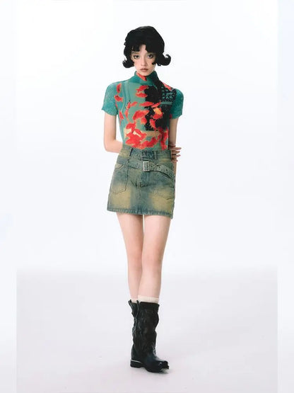 Kimotimo Harajuku Folds Goldfish Print T-shirt Women Summer Y2k Aesthetic Turtleneck Slim Crop Top Short Sleeve Ropa De Mujer