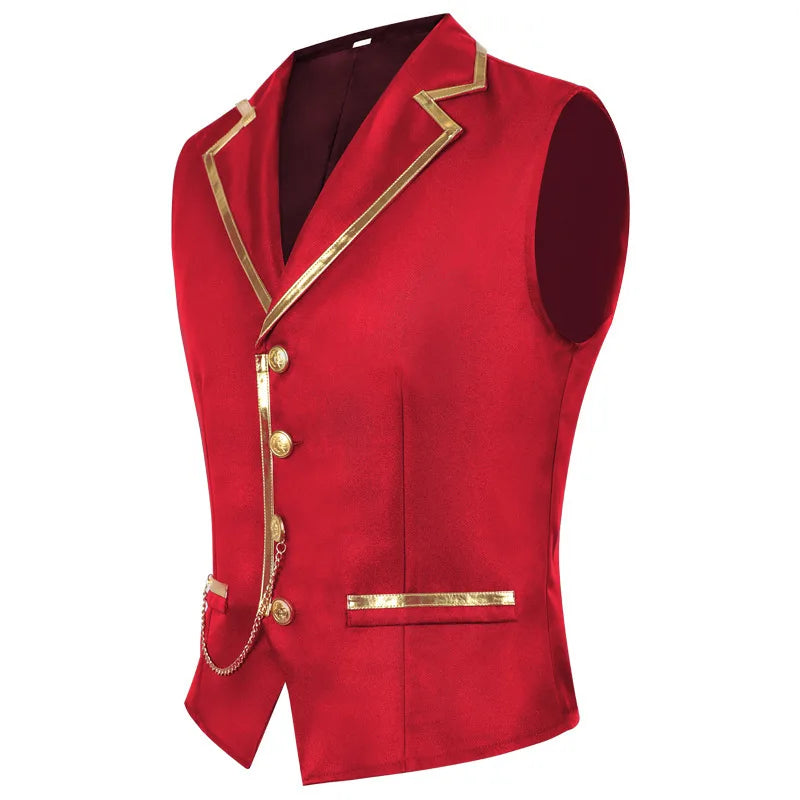 British Style Men Red Sleeveless Vest Jacket, Thin Single Button V-neck Waistcoat, Gold Striped Patchwork.