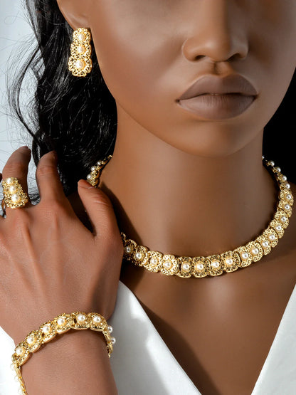 Dubai Luxury Quality Jewelry Set For Women Trend Pearl Necklace Bracelet Ring Earrings Jewelry Set 18k Gold Plated Jewelry