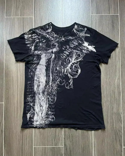 Y2K White Shirt Affliction Retro T Shirt Harajuku Men Skull Holy Writ Letter Printing Tee Fashion Gothic Short Sleeves Tops