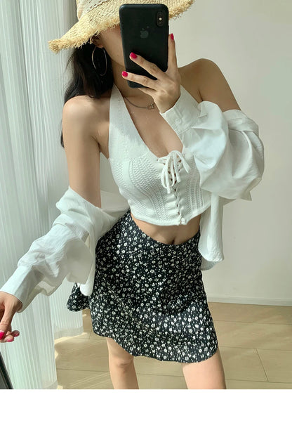 2024 Summer New Retro Vacation Style Small Floral Half Skirt High Waisted Wrap Buttocks Elegant Sweet Slim Short Skirt 06AH