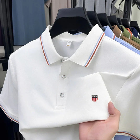 Luxury men's classic brand embroidered best-selling striped polo shirt summer new comfortable best-selling breathable short top