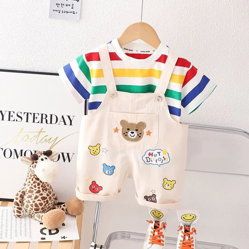 New Summer Baby Boys Fashion Striped T-Shirt Overalls 2Pcs/Set Toddler Girl Clothes Suit Children Casual Costume Kids Tracksuits