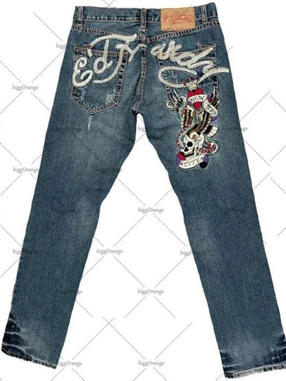Mens Jeans Streetwear Y2K Vintage Straight Leg Denim Pants Skull Rose Flame Print Design Loose Fit Retro Punk Hip Hop Fashion