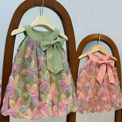 Bear Leader Girl Dress 2025 Summer New Girl Dress Princess Dress Little Girl Fashion Colorful Flower Yarn Dresses Kid Clothes