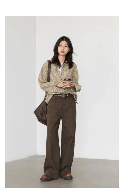 Women Shirt Loose Casual Single-breasted New Retro Contrast Plaid Embroidered Blouses Female Top Autumn Winter 2026