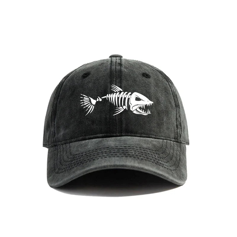 White fishbone printed baseball cap, vintage style, fashionable and versatile for both men and women