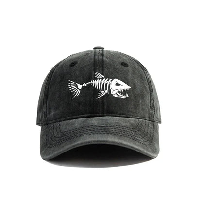 White fishbone printed baseball cap, vintage style, fashionable and versatile for both men and women