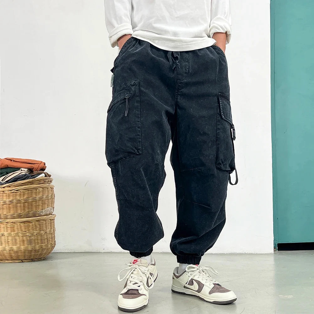 High Quality Snow Wash Distressed Cargo Pants Men Korean Fashion Plus Size Harem Pants Streetwear Joggers Casual Baggy Trousers