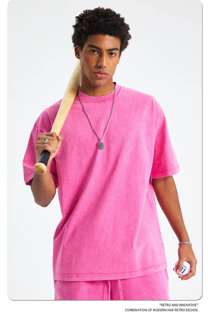 2025 High Street Summer Washed Cotton T-Shirt Tees For Men Unisex Loose Retro Solid T Shirts Brand Tops HY0113
