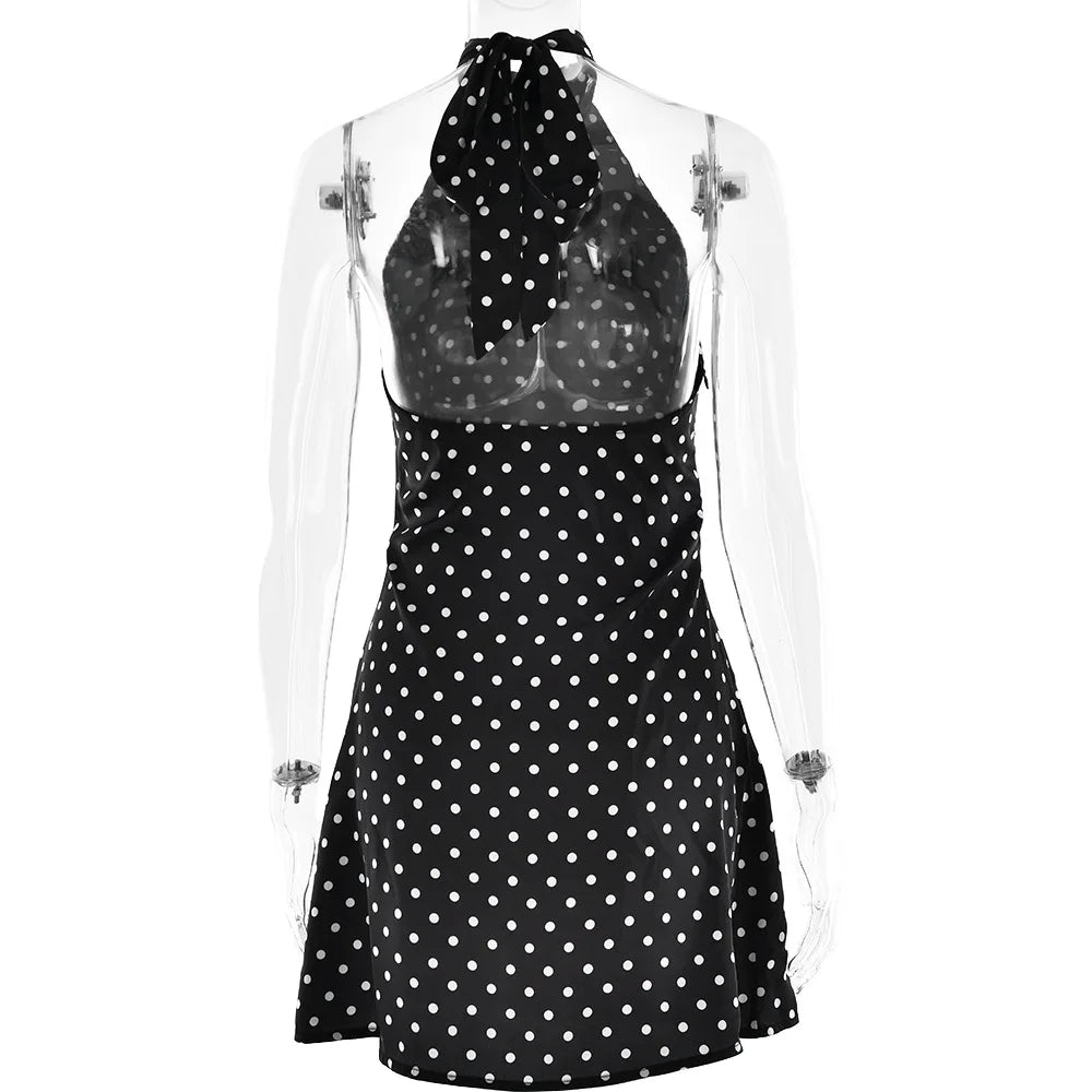 Woman Clothes Halter Sleeveless Polka Dot Satin Short Dress 2026 Summer Sexy Bandage Backless Mini Evening Party Dresses