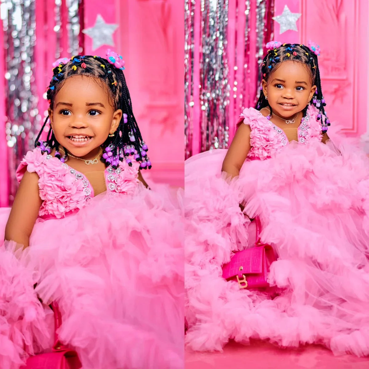 Luxury Pink Kids Birthday Dresses Beading Ruffles Flower Girl Dresses for Wedding Baby Girls Prom for Photoshoot