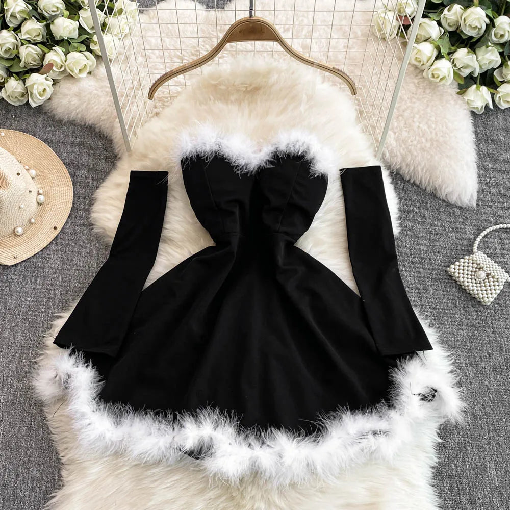 Women's Christmas Dress Sexy Low-cut Waist Thin Big Pendulum Fluffy Splicing Suspender Tube Ling Dress Red