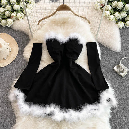 Women's Christmas Dress Sexy Low-cut Waist Thin Big Pendulum Fluffy Splicing Suspender Tube Ling Dress Red