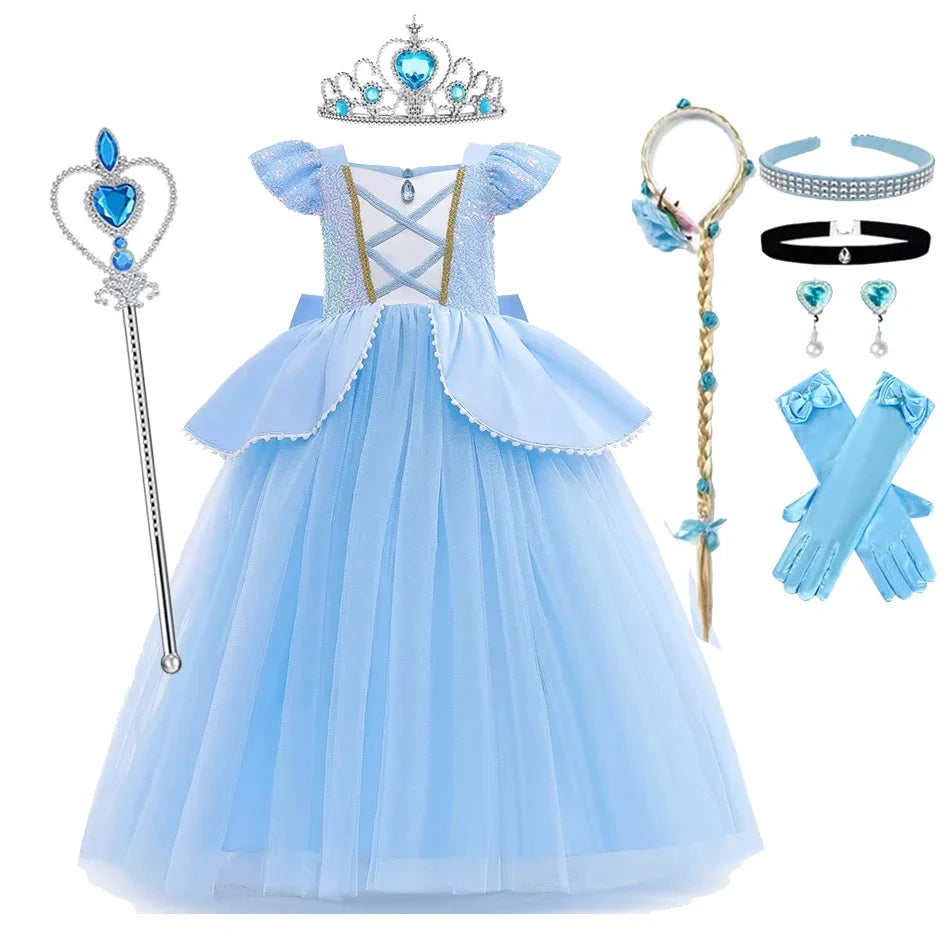 Summer Kids Cinderalla Princess Cosplay Costume Clothes Girls Sequins Dress with Crown Gloves Birthday Party Ball Gown 2-10 Y
