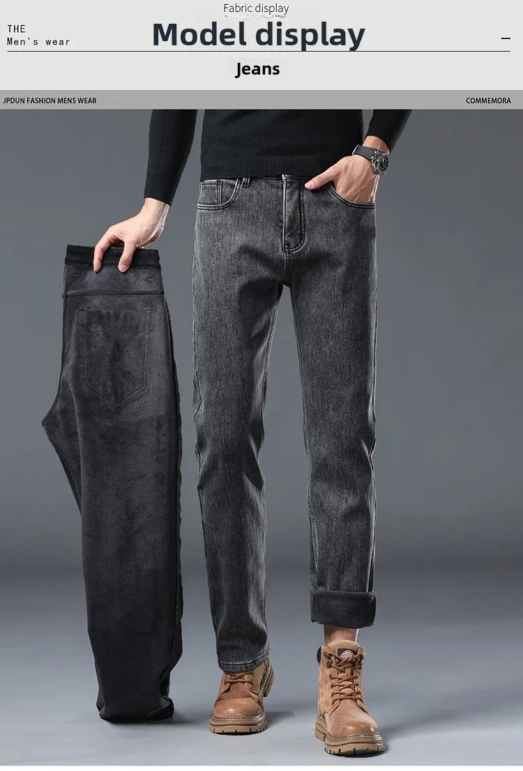 Winter Warm Jeans Men's Slim Straight Elastic Denim Pants Casual Male Clothing Fashion Plush Trousers New Hot Sale Fashion Jeans