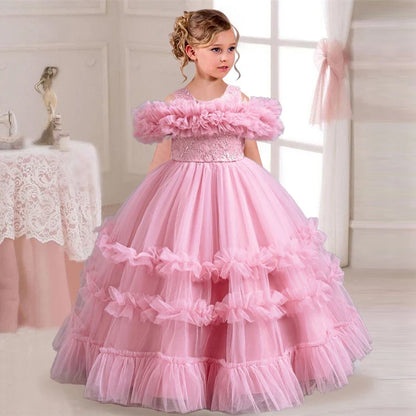 New Elegant Dress for Girls Flower Wedding Long Embroidered Panto Skirt 4-12 Years Old Piano Performance Girl Dress