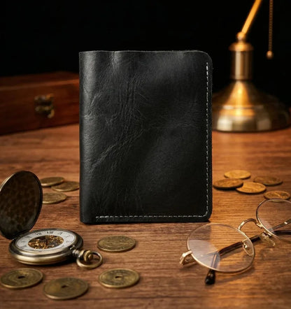 Ultra-Durable Men's Leather Short Wallet, Scratch-Resistant Hand-Rubbed Top Grain Leather Card Holder, Minimalist Travel Wallet
