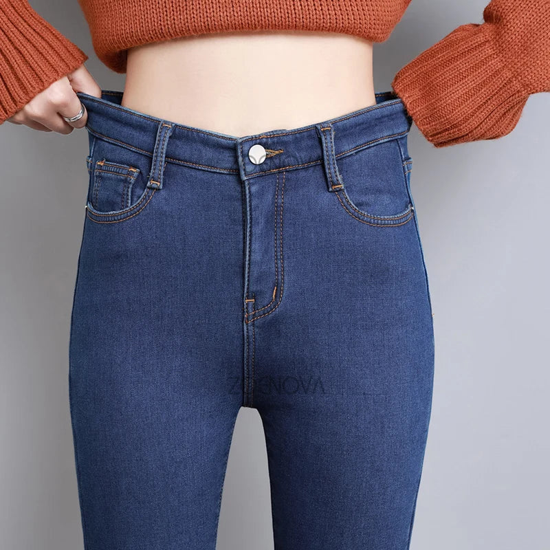 New Women Thick Velvet Jeans Fleece Warm Korean Fashion High Waist Skinny Elastic Pants Jean Casual Legging Winter 2023