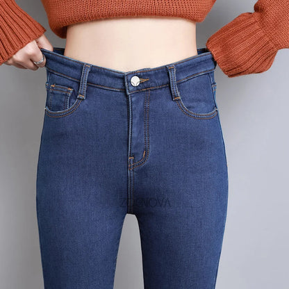 New Women Thick Velvet Jeans Fleece Warm Korean Fashion High Waist Skinny Elastic Pants Jean Casual Legging Winter 2023