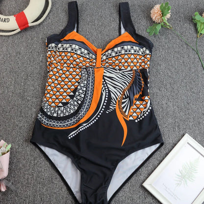 2024 Vintage One Piece Swimsuit Women Swimwear Tummy Control Monokini Sexy Bodysuit Print BathingSuit Female Beachwear Plus Size