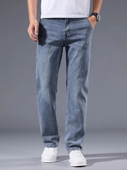Men's loose straight leg jeans retro washed elastic casual pants suitable for all seasons versatile pants
