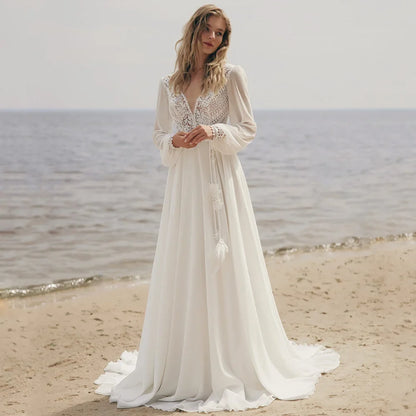 Bohemian Lace Beach Wedding Dress Customized Puff Sleeves V Neck See Through Chiffon Summer Bridal Gown Bride Dresses