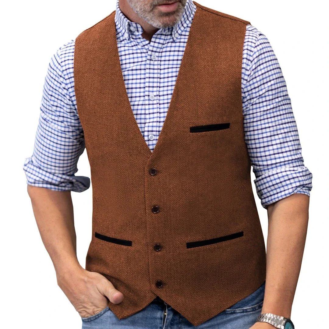 Men Vest Brown V Neck Single ButtonTweed Casual Business Waistcoat For Wedding Party Banquet Prom Work Men Suit Vest