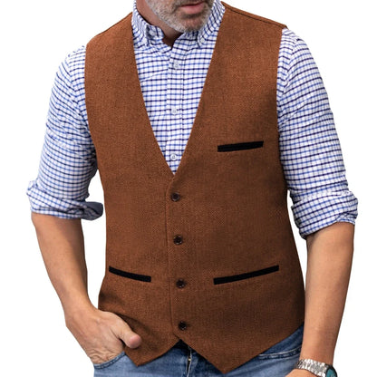 Men Vest Brown V Neck Single ButtonTweed Casual Business Waistcoat For Wedding Party Banquet Prom Work Men Suit Vest