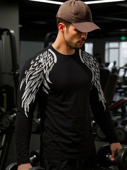 American Trend Men's Solid Color Elastic Comfortable Long Sleeve Tight Spring Autumn Sports Fitness Print Body Suit