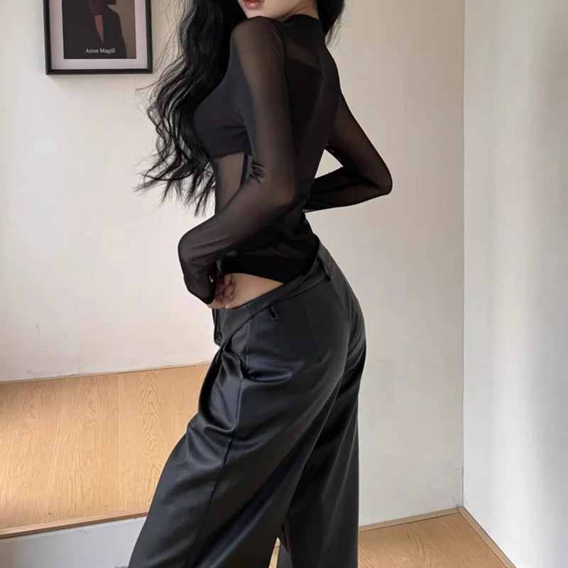 Sexy Perspective Y2k Clothing Hollow Out Bodysuits Mesh Sheer Top Women Long Sleeve Patchwork Bodysuit Black