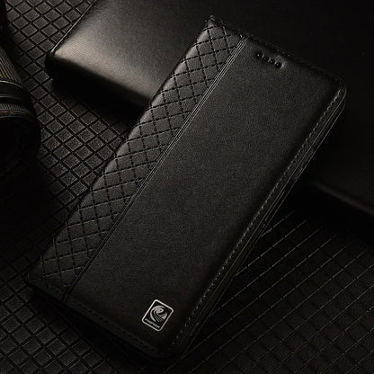 For APPLE iPhone 17 16 16E 15 14 Pro Max Air Plus Flip Case Grid Pattern Magnetic Cover Cowhide Genuine Leather Wallet Covers