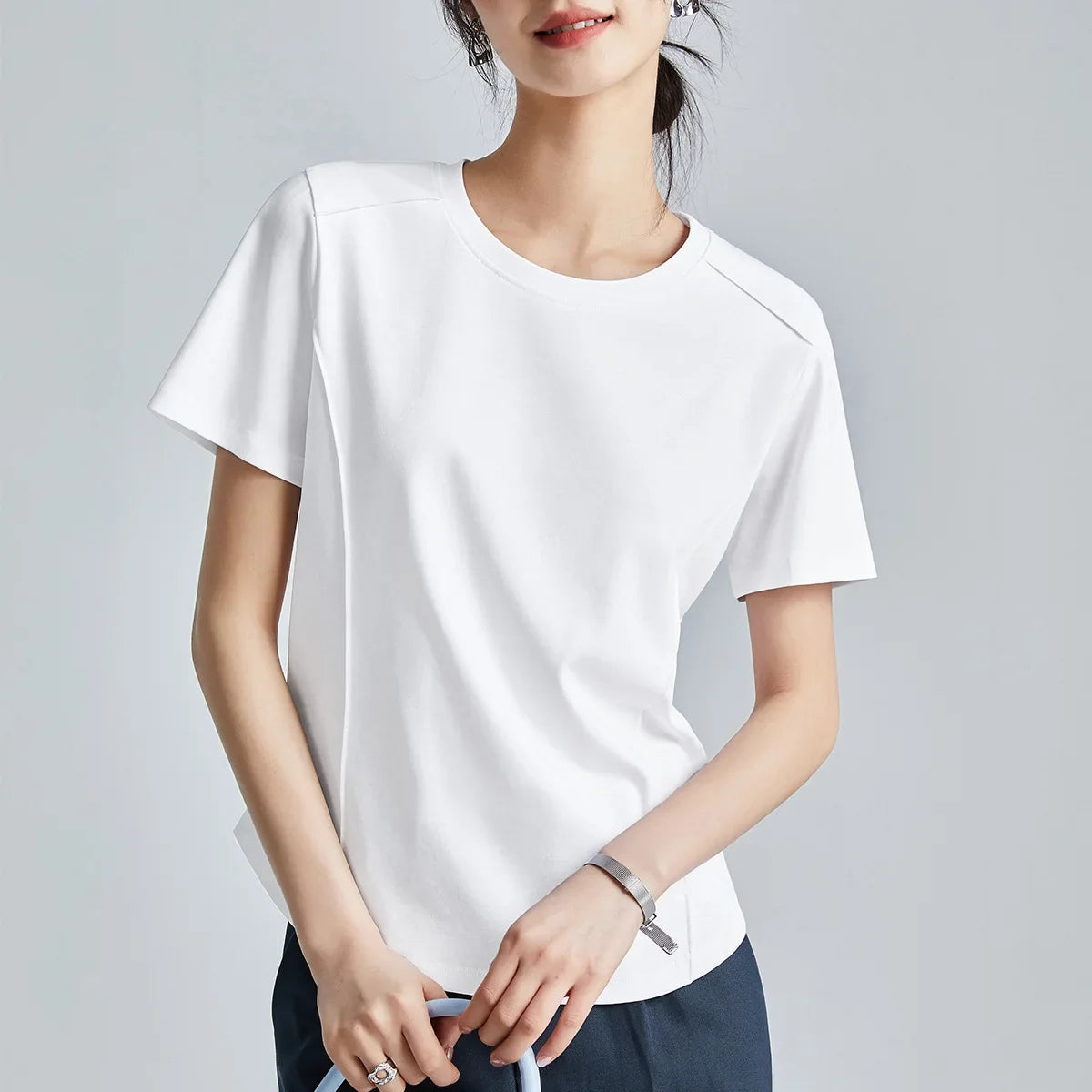 Summer Women's White Mercerized Cotton T-Shirt | 3D Stitching Round Neck Basic Top | Plus Size Slim Fit Layered Casual Blouse