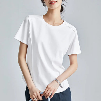 Summer Women's White Mercerized Cotton T-Shirt | 3D Stitching Round Neck Basic Top | Plus Size Slim Fit Layered Casual Blouse